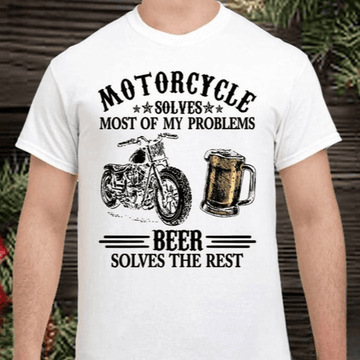Bikergod Motorcycle Motorcycle Solves Most Of My Problems Beer Solves The Rest T-shirt, Crew-neck Sweatshirt, Hoodie, Tank Top, V-neck T-shirt Design 2D Full Printed Sizes S - 5XL - NABU285