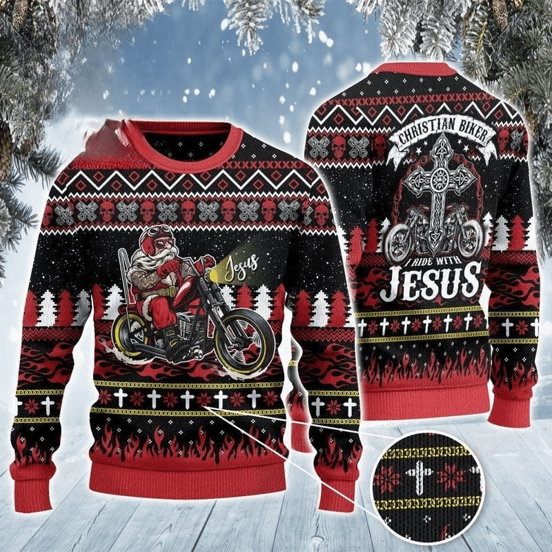 Bikergod Motorcycle Santa Riding Motorcycle Christian Biker I Ride With Jesus Christmas Ugly Sweater Design 3D Full Printed Sizes S - 5XL - NABL309