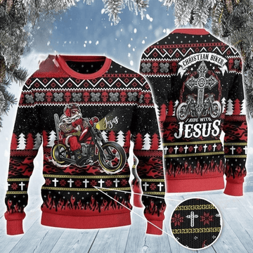 Bikergod Motorcycle Santa Riding Motorcycle Christian Biker I Ride With Jesus Christmas Ugly Sweater Design 3D Full Printed Sizes S - 5XL - NABL309