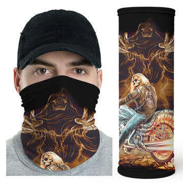 Bikergod Grim Reaper Biker Neck Gaiter Skeleton Rider with Flaming Chopper and Lightning Bandana DH042025TS24
