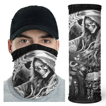 Bikergod Skull Reaper Neck Gaiter Monochrome Biker Face Mask with Grim Art DH042025TS30