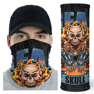 Bikergod Skull Mechanic Neck Gaiter Gearhead Biker Bandana with Fire and Pistons DH042025TS33