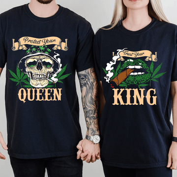 Bikergod Protect Your Queen And Trust Your King Matching Couple Hoodie Tshirt and Sweatshirt Set 420 Weed Streetwear DH042025TS37
