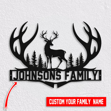 Bikergod Custom Hunting Metal Sign Personalized Buck and Antlers Wall Art with Family Name for Lodge Cabin or Man Cave DH042025TS63