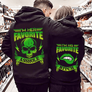 Bikergod Funny Couple Matching Shirts I’m Her Favorite Asshole I’m His Favorite Bitch Bold Humor T-Shirt Hoodie Sweatshirt for Couples DH042025TS70