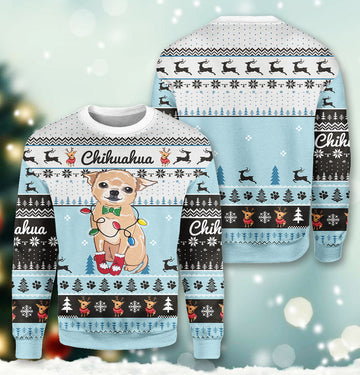 Bikergod Chihuahua Christmas Ugly Sweater Design 3D Full Printed Sizes S - 5XL - Gift For Dog Owner- Funny Dog Christmas Sweater 3D TLDH62