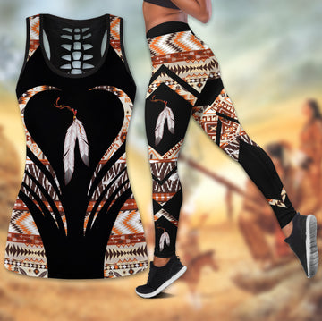 Bikergod Feather Native American light brown Hollow Tanktop Legging Set Design 3D Full Printed TLDH24