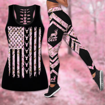 Bikergod Pink Camo American Flag Deer Hunting Outfit Hollow Tanktop Legging Set Design 3D Full Printed TLDH25