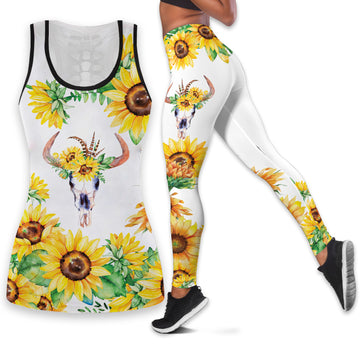 Bikergod Bohemian Cow Skull and Sunflower Activewear Hollow Tanktop Legging Set Design 3D Full Printed TLDH26