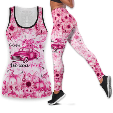 Bikergod IN OCTOBER WE WEAR PINK Hollow Tanktop Legging Set Design 3D Full Printed TLDH31