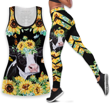 Bikergod GIFT FOR MOTHER COUNTRY LIFE COW AND SUNFLOWER Hollow Tanktop Legging Set Design 3D Full Printed TLDH35