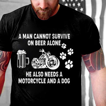 Bikergod Motorcycle A Man Cannot Survive On Beer Alone He Also Needs A Motorcycle And A Dog T-Shirt, Crew-Neck Sweatshirt, Hoodie, Tank Top, V-Neck T-shirt Design 2D Full Printed Sizes S - 5XL NABU284
