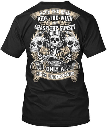 Bikergod Motorcycle Race The Rain, Ride The Wind Crew-neck Sweatshirt, Hoodie, Tank Top, V-neck T-shirt Design 2D Full Printed Sizes S - 5XL - NMAO163