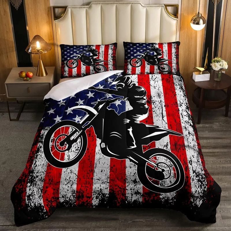 Bikergod Motorcycle American Flag Motocross Bedding Set Cover Design 3D - NABT351