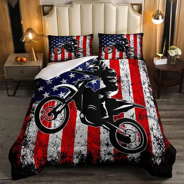 Bikergod Motorcycle American Flag Motocross Bedding Set Cover Design 3D - NABT351