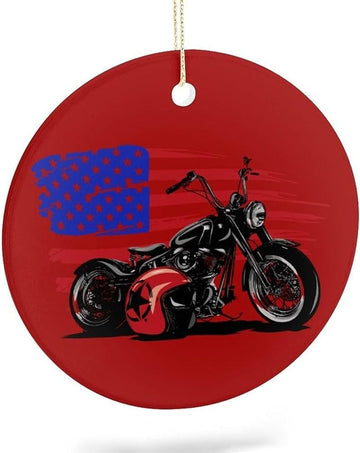 Bikergod Motorcycle Chopper American Flag Christmas Ceramic Round Ornament NABW324