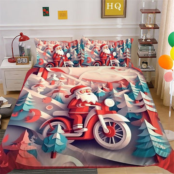Bikergod Motorcycle Santa Claus Riding A Motorcycle Christmas Bedding Set Cover Design 3D - NABT383