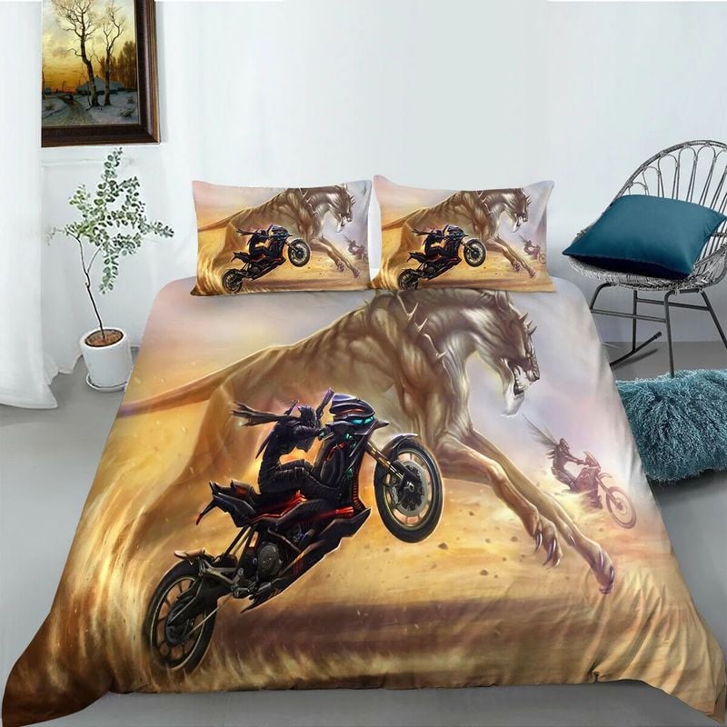Bikergod Motorcycle Wolf And Motorcycle Skull Biker Bedding Set Cover Design 3D - NABT341