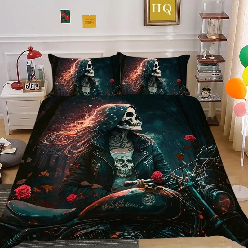 Bikergod Motorcycle Skeleton Rose Girl Ride Motorcycle Bedding Set Cover Design 3D - NABT398