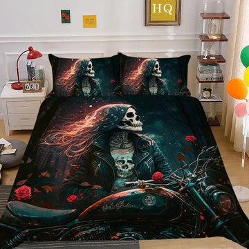Bikergod Motorcycle Skeleton Rose Girl Ride Motorcycle Bedding Set Cover Design 3D - NABT398