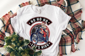 Bikergod Motorcycle Christmas Santa Claus Biker Ho Ho Ho Let's Ride T-shirt, Crew-neck Sweatshirt, Hoodie, Tank Top, V-neck T-shirt Design 2D Full Printed Sizes S - 5XL - NABQ307