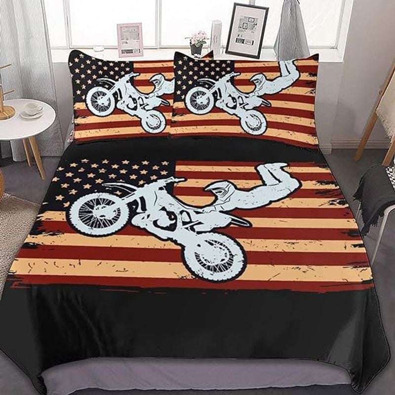 Bikergod Motorcycle Motocross Dirt Bike American Flag Bedding Set Cover Design 3D - NABY243