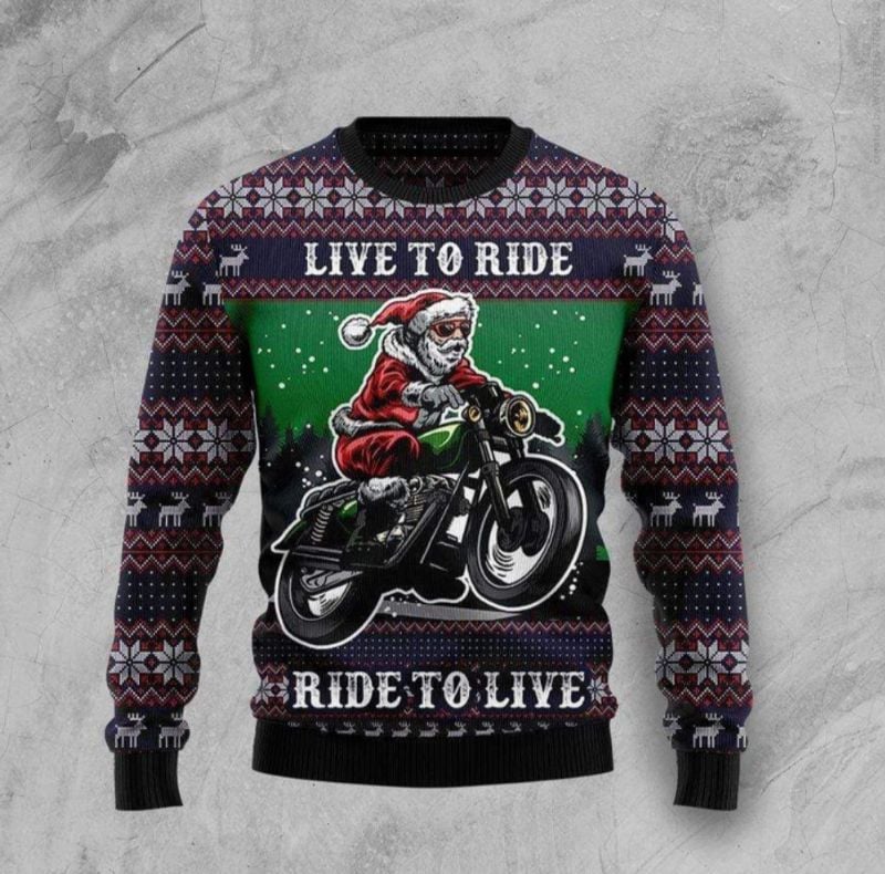 Bikergod Motorcycle Santa Riding Motorcycle Live To Ride Ride To Live Christmas Ugly Sweater Design 3D Full Printed Sizes S - 5XL - NABL304