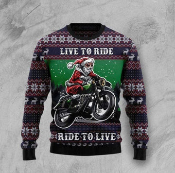 Bikergod Motorcycle Santa Riding Motorcycle Live To Ride Ride To Live Christmas Ugly Sweater Design 3D Full Printed Sizes S - 5XL - NABL304