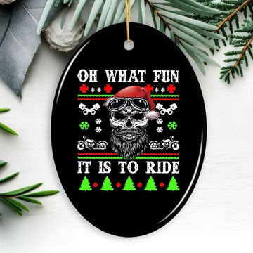 Bikergod Motorcycle Biker Skull Santa Oh What It Is To Ride Christmas Ceramics Oval Ornament NABW303