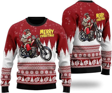 Bikergod Motorcycle Santa Riding Motorbike Merry Christmas Ugly Sweater Design 3D Full Printed Sizes S - 5XL - NABL301