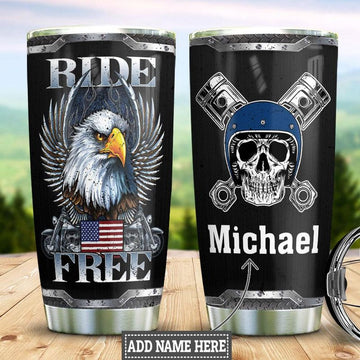 Bikergod Motorcycle Eagle US Flag Ride Free Custom Name Steelers Stainless Steel 20 Oz Tumbler- NABL314