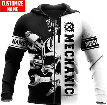 Bikergod Motorcycle Mechanic Skull Custom Name Zip Hoodie Design 3D Full Printed Sizes S - 5XL - NAQA248A