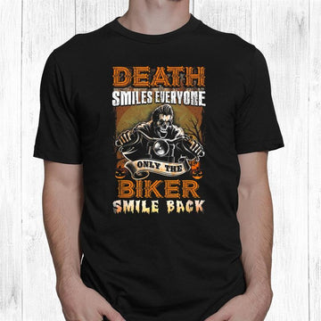 Bikergod Motorcycle Skull Biker Death Smiles Everyone T-shirt, Crew-neck Sweatshirt, Hoodie, Tank Top, V-neck T-shirt Design 2D Full Printed Sizes S - 5XL - NALA327