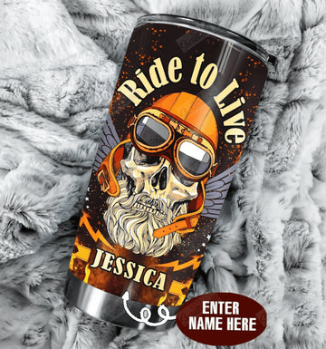 Bikergod Motorcycle Skull Biker Ride To Live Custom Name Stainless Steel 20 Oz Tumbler- NAIA341