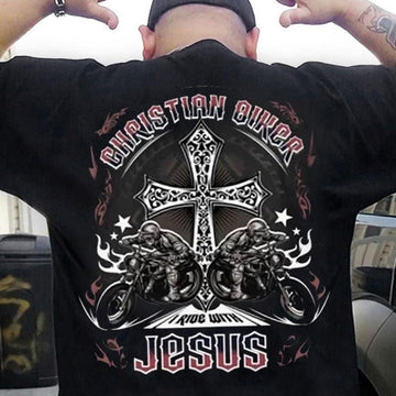 Bikergod Motorcycle Christian Biker I Ride With Jesus T-shirt Design 2D Full Printed Sizes S - 5XL - NANA185