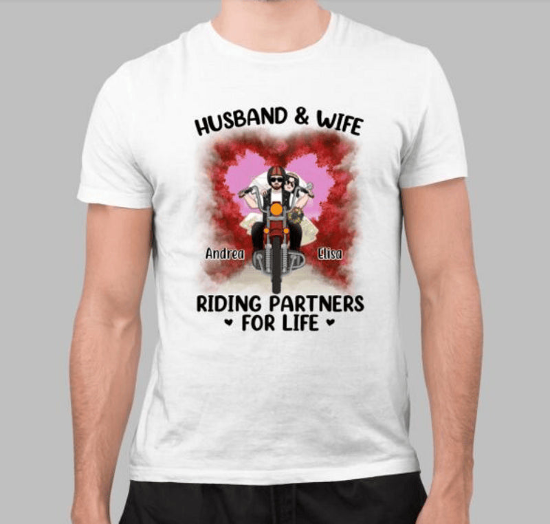 Bikergod Motorcycle Husband & Wife Riding Partner For Life Custom Name T-shirt Design 2D Full Printed Sizes S - 5XL - NMA129
