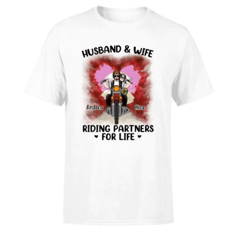 Bikergod Motorcycle Husband & Wife Riding Partner For Life Custom Name T-shirt Design 2D Full Printed Sizes S - 5XL - NMA129