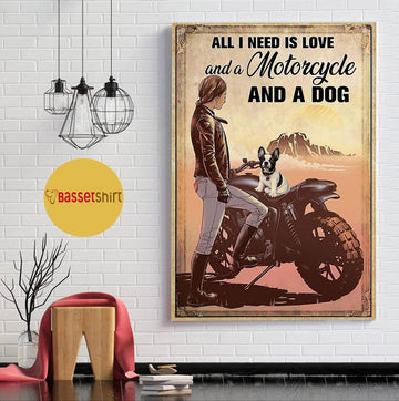 Bikergod Motorcycle All I need is love Motorcycle and a dog Vintage Poster NANA195