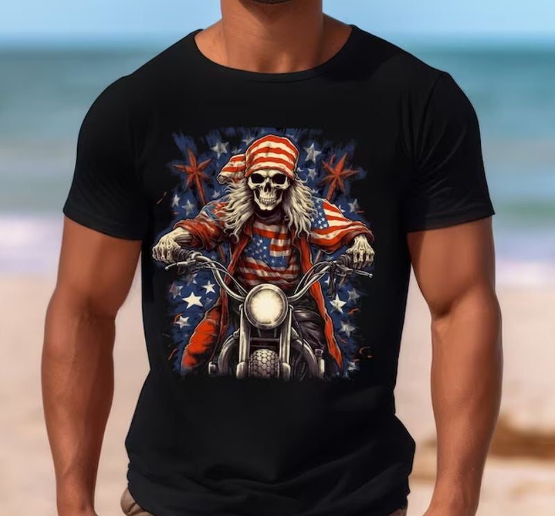 Bikergod Motorcycle Skull Biker 4th of July Independence Day T-shirt Design 2D Full Printed Sizes S - 5XL - NAIA367