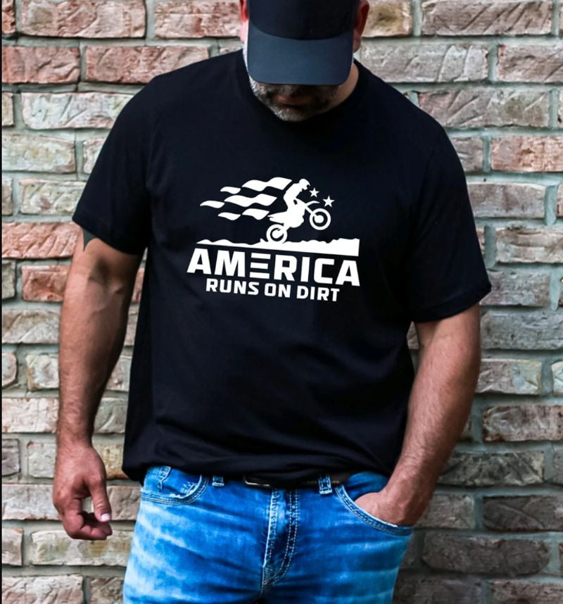 Bikergod Motorcycle America Runs on Dirt 4th of July T-shirt Design 2D Full Printed Sizes S - 5XL - NAVA347