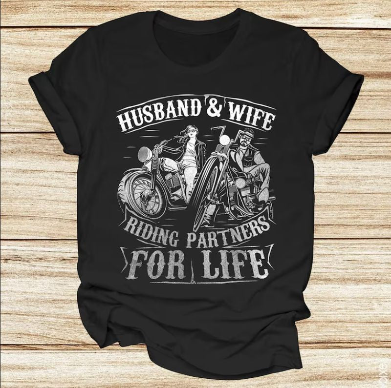 Bikergod Motorcycle Husband & Wife Riding Partners For Life T-shirt Design 2D Full Printed Sizes S - 5XL - NAIA50