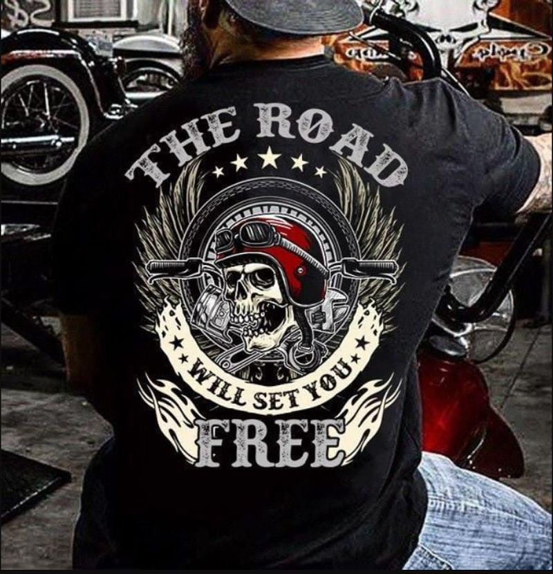 Bikergod Motorcycle The road will set you free skeleton rider T-shirt Design 2D Full Printed Sizes S - 5XL - NAAM32
