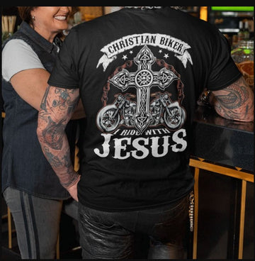 Bikergod Motorcycle Christian Biker I Ride With Jesus T-shirt Design 2D Full Printed Sizes S - 5XL - NAAM53