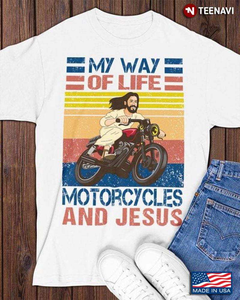 Bikergod Motorcycle My Way of Life Motorcycle and Jesus Vintage T-shirt Design 2D Full Printed Sizes S - 5XL - NAAR24