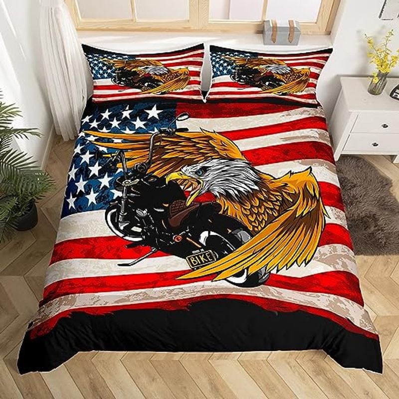 Bikergod Motorcycle Motocross Dirt Bike American Flag Eagle Bedding Set Cover Design 3D - NABB299