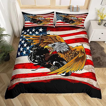 Bikergod Motorcycle Motocross Dirt Bike American Flag Eagle Bedding Set Cover Design 3D - NABB299