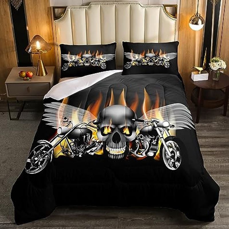 Bikergod Motorcycle Motocross Rider Dirt Bike Skull fire Biker Bedding Set Cover Design 3D - NABB272