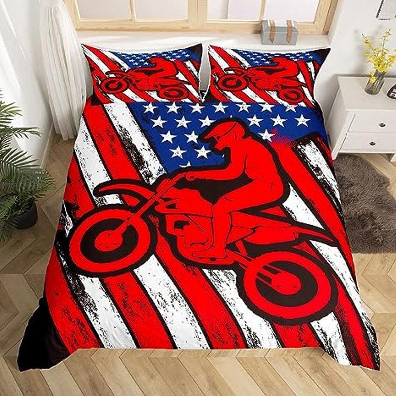 Bikergod Motorcycle Motocross Rider Dirt Bike US Flag Bedding Set Cover Design 3D - NABB275