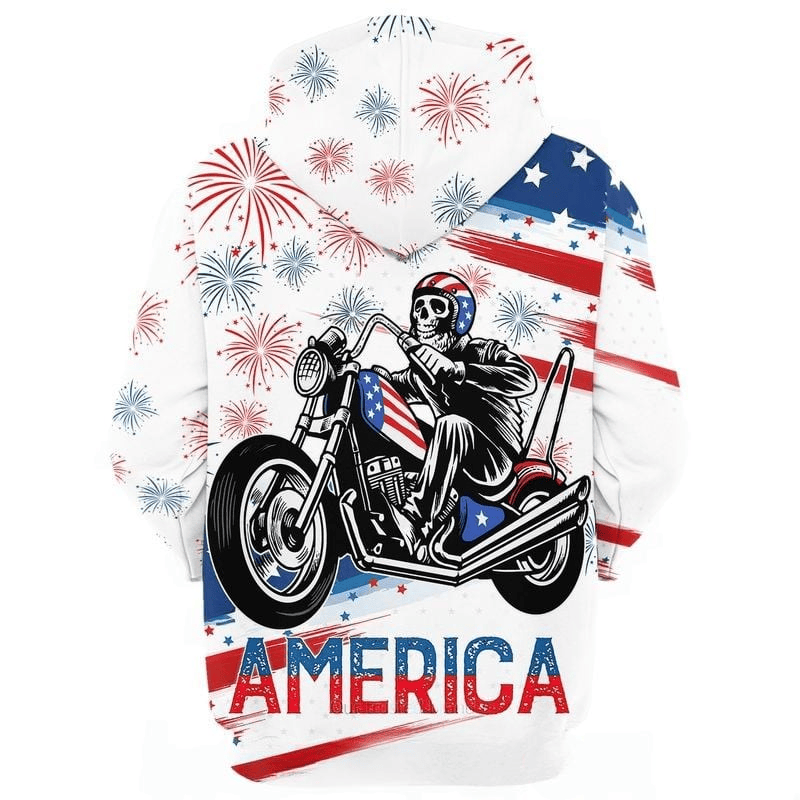 Bikergod Motorcycle Skeleton America Independence Day Zip Hoodie Design 3D Full Printed Sizes S - 5XL - NMQI104D
