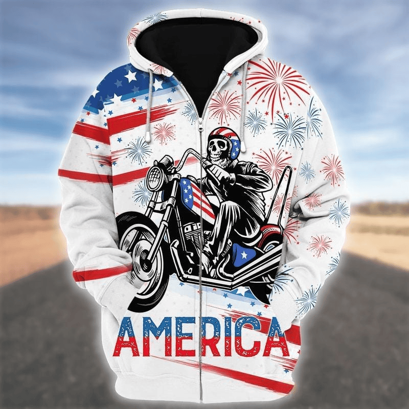 Bikergod Motorcycle Skeleton America Independence Day Hoodie Design 3D Full Printed Sizes S - 5XL - NMQI104B